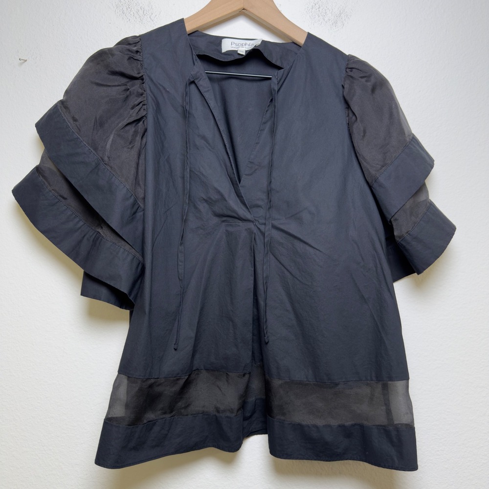Psophia Women‎ Cotton Poplin Blouse Top XS Black Puff Sleeve Sheer Trim Artsy